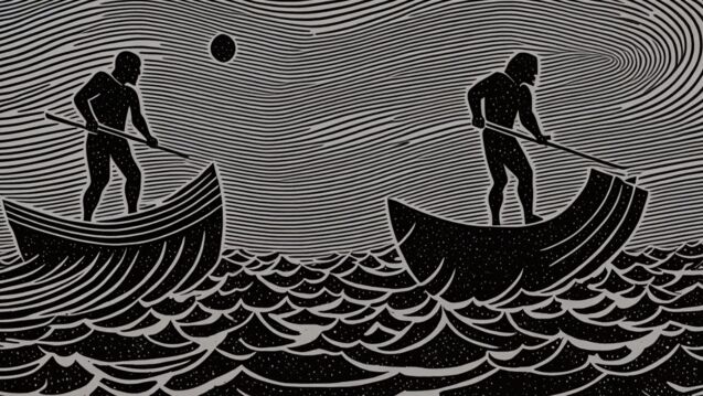 A black and white animation of two figures in boats 