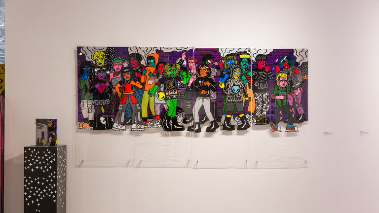 Multiple clear pannels with comic figures standing in a line. 