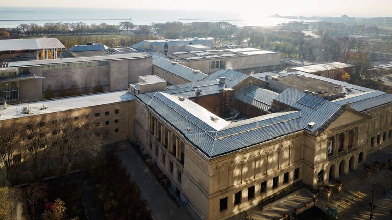 Aerial image of the Art Institute of Chicago museum connected to the School of the Art Institute’s 280 Building as part of SAIC’s campus.