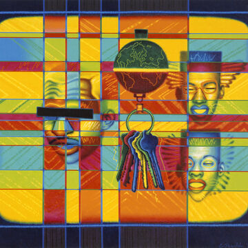 A colorful oil painting of several heads, Earth, and a set of keys on linen. 