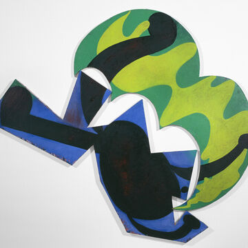 A brightly colored, sculptural, shaped canvas using blue and green oil paint. 