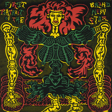 A colorful screenprint of a red, yellow and green figure on off-white wove paper.