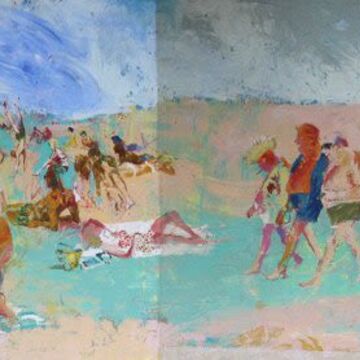 A painting of people on the beach at Indiana Dunes State Park. 