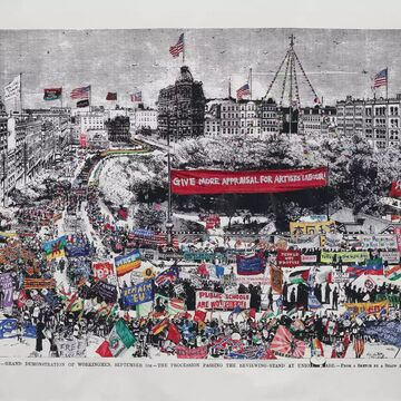 A mixed media drawing depicting a large demonstration advocating for various human rights causes. 