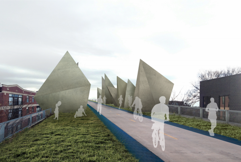  Architectural rendering of a bike and walking path bordered by large sculptures.