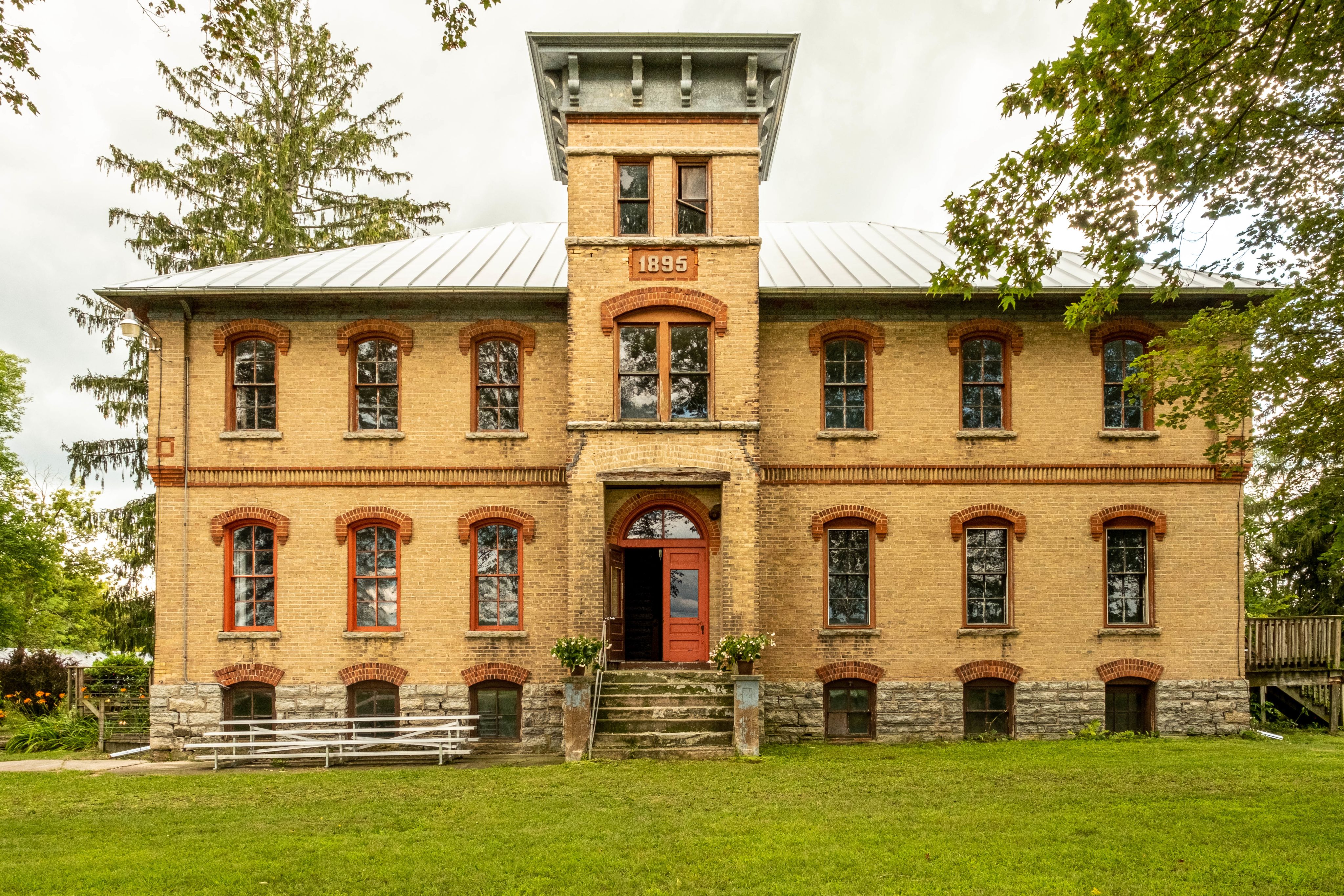 The exterior of a brick building