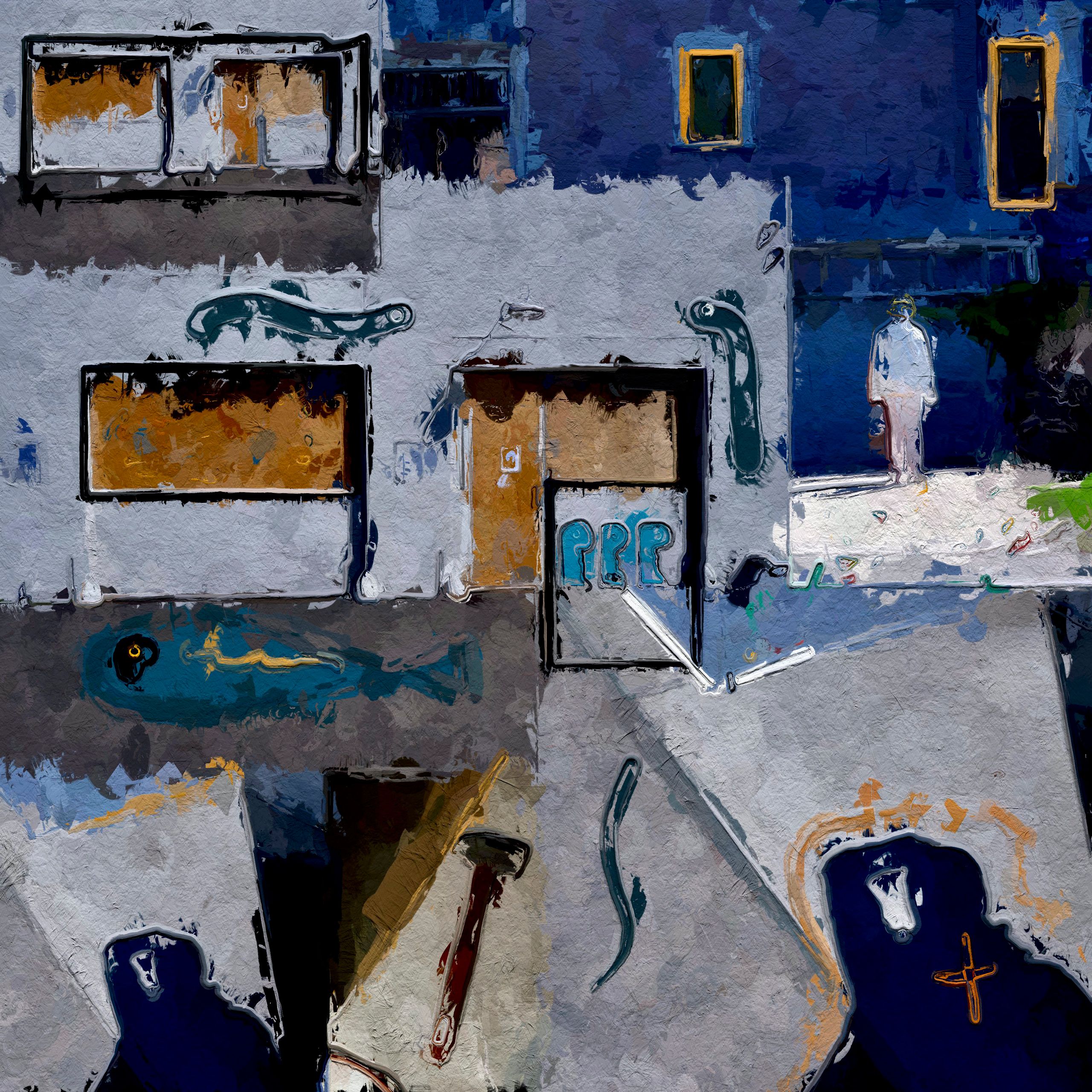 A blue and orange painting of buildings