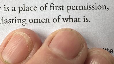 Two fingers pointing to text that reads "an omen of what is" 
