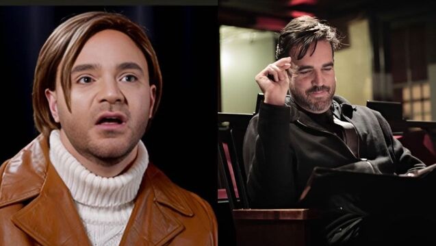 Two photographs of writers, one wearing a white turtleneck and the other in a stage chair