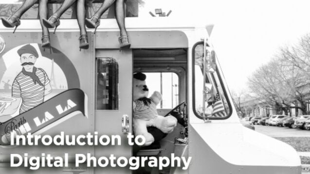 A black and white photo of a truck with text that says Introduction to Digital Photography