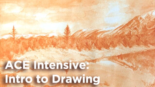 A sepia toned landscape drawing with text that says ACE Intensive Intro to Drawing