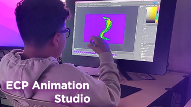 A photo of a person on a computer with a snake animation; text says "ECP Animation Studio"