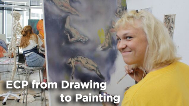 A photo of a high school student sitting in front of a canvas with text that reads ECP from Drawing to Painting