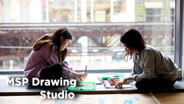 A photo of two girls sitting on the floor drawing with text that says "MSP Drawing Studio"