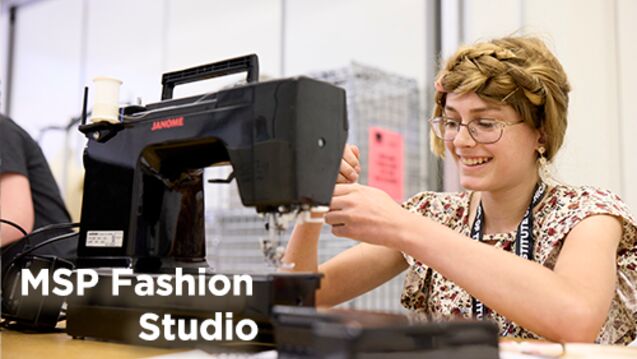 A picture of a girl at a sewing machine with text that says "MSP Fashion Studio"