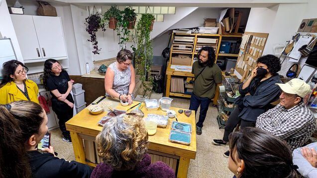 Elisabeth Heying teaching “Making Paint with Cypriot Earth Pigments” workshop at Threading Stories in April