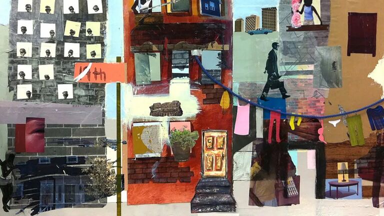 Mixed media collage of figures and city buildings
