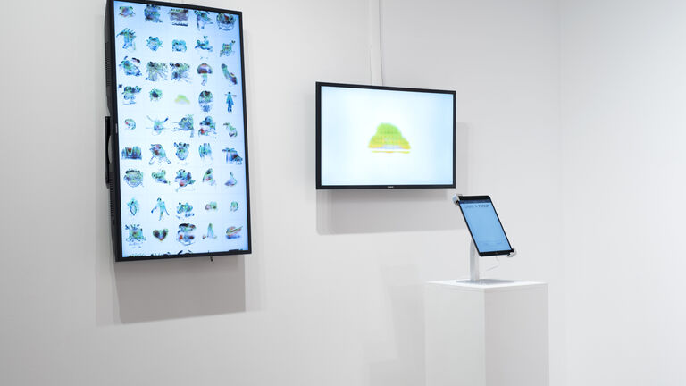 Installation view of Froups consisting of one interactive iPad and two display screens