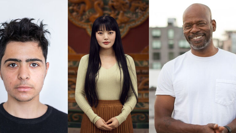 three headshots side-by-side; tanned-skin person on the left with short black tussled hair, asian woman in the middle with long black hair and straight-across bangs with hands clasped together, and bald black man on the right with bright white shirt smiling 