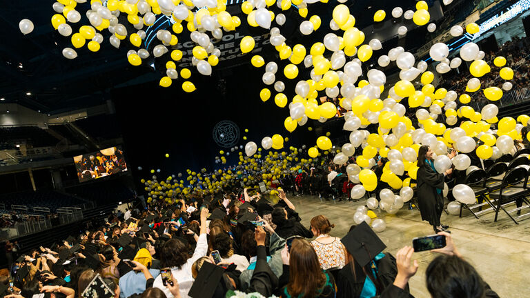 A balloon drop at Commencement