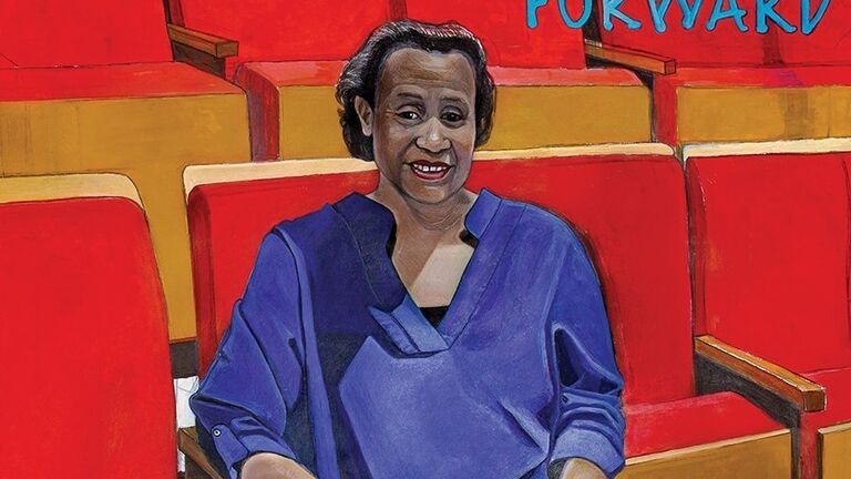 A painting by Hana Bleue Chaussette of Founder of the Black Ensemble Theater Jackie Taylor. With text that reads "Keep moving forward" in blue. 