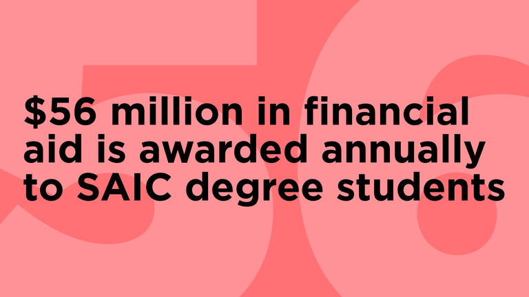 A pink graphic that says "$56 million in financial aid is awarded annually to SAIC degree students"