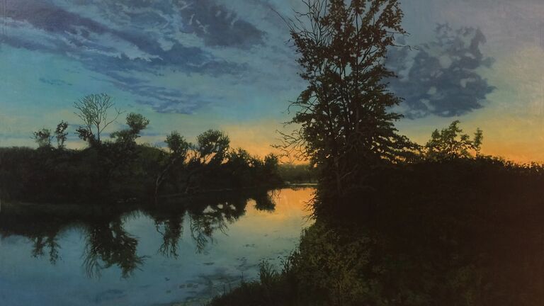 a painting of trees and a river