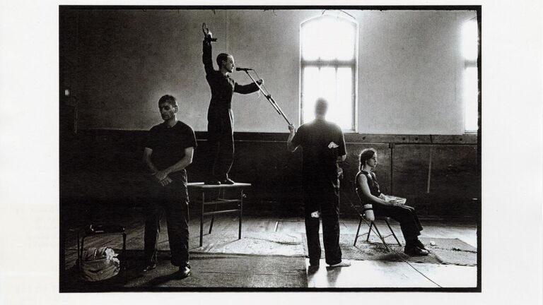 Mark Jeffery performing “The Sea and Poison” (1998) by Goat Island. Also pictured: Matthew Goulish, Bryan Saner, Karen Christopher/Photo: Adam Crumlish