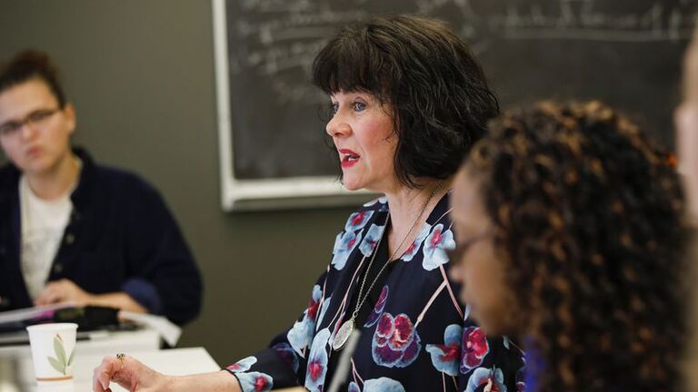 Eileen Favorite speaks to students in her class called "Love The Art, Hate the Artist" at the School of the Art Institute of Chicago on April 12, 2018