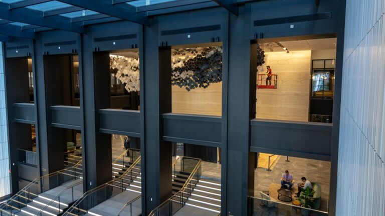 Jacob Hashimoto's (BFA 1996) sculpture in Willis Tower lobby