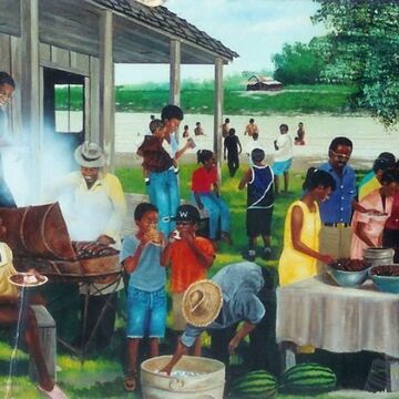 An illustration of families have an outdoor barbecue.