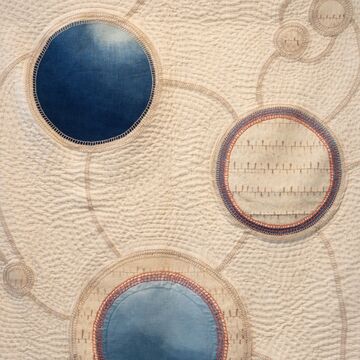 Image of stitched quilt showing three spheres, two of which are dyed natural indigo and another one featuring horizontal stitches. 