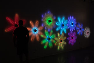Colorful lights in flower shapes against a black background.