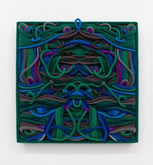 An intricately woven, square artwork made of brown, gray, blue, green, and purple threads.