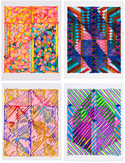 Four colorful rectangle prints made of ink and acrylic on Bristol Vellum