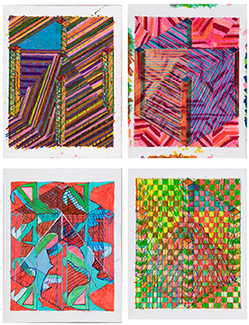 Four colorful rectangle prints made of ink and acrylic on Bristol Vellum