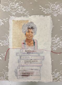 Collaged artwork by Krista Franklin of fabric, and images of a face and media