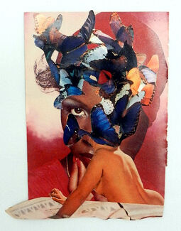 Collaged artwork of a figure, face, and butterflies by Krista Franklin