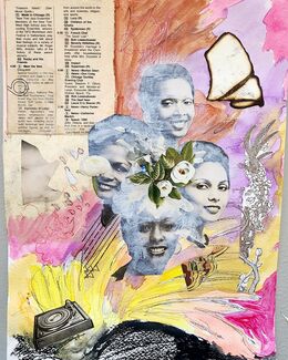 Collaged artwork by Krista Franklin of sketched foliage, faces, flowers, ltierature and pastel colors