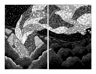 Monochromatic graphic illustration of a landscape by Marnie Galloway