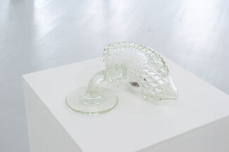 A drooping glass scuplture entrapping houseflies by Kitty Rauth