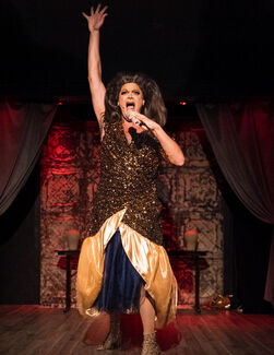 A photo of a performer in a gold dress on stage