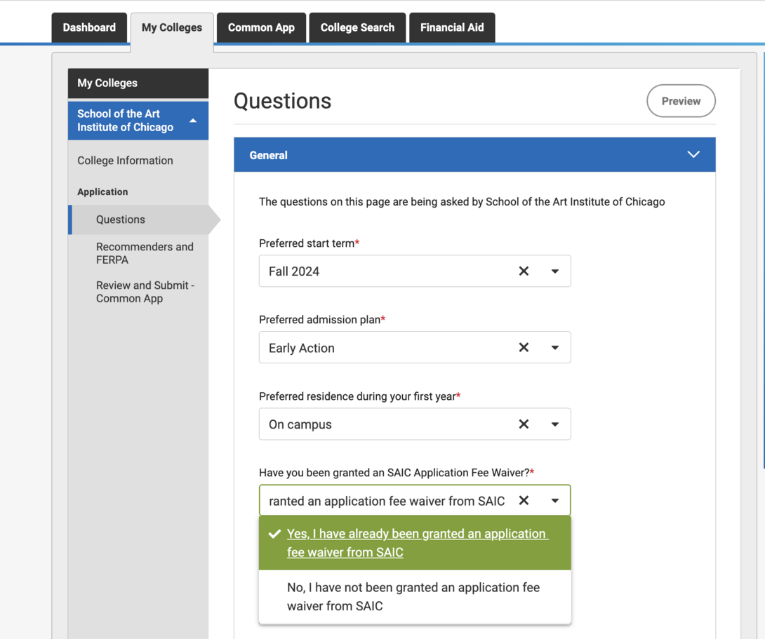 Screenshot of steps one must take to waive the application fee on the application website