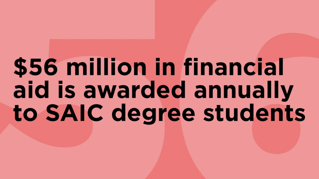 A red and black graphic that reads "$56 million in financial aid is awarded annually to SAIC degree students"