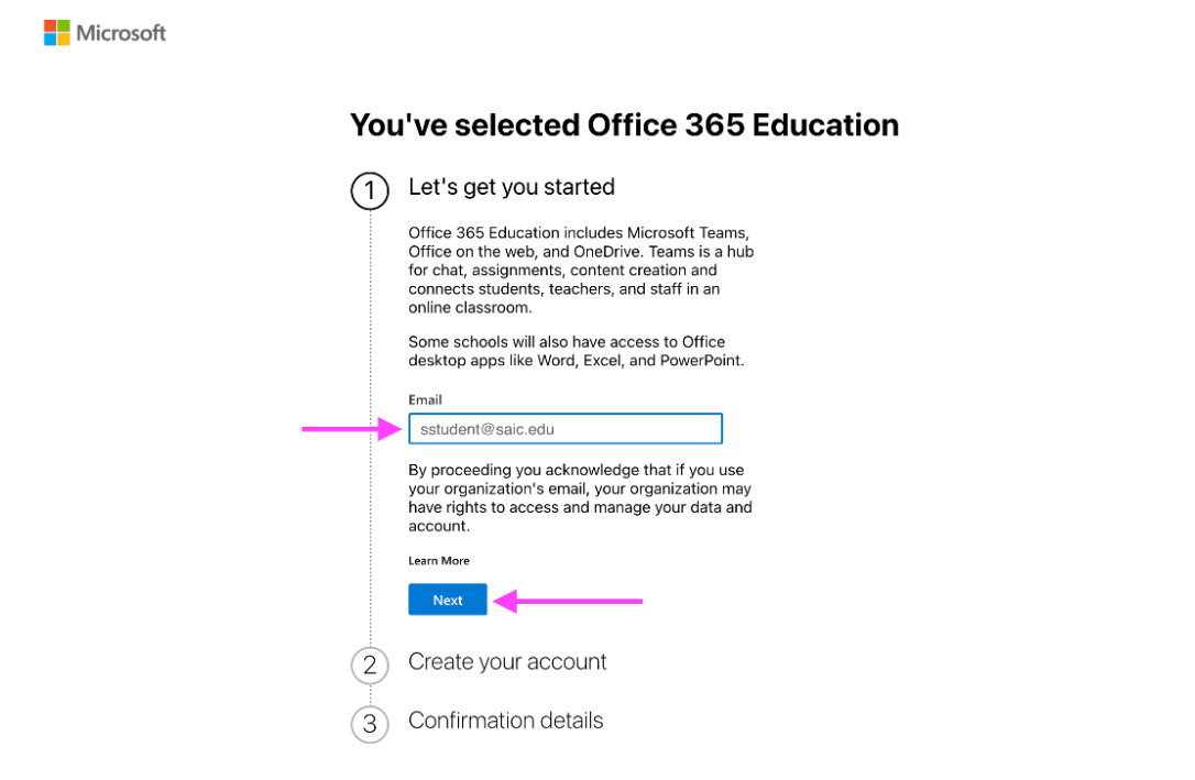 A screenshot from Microsoft Office 365 showing how to get an account started