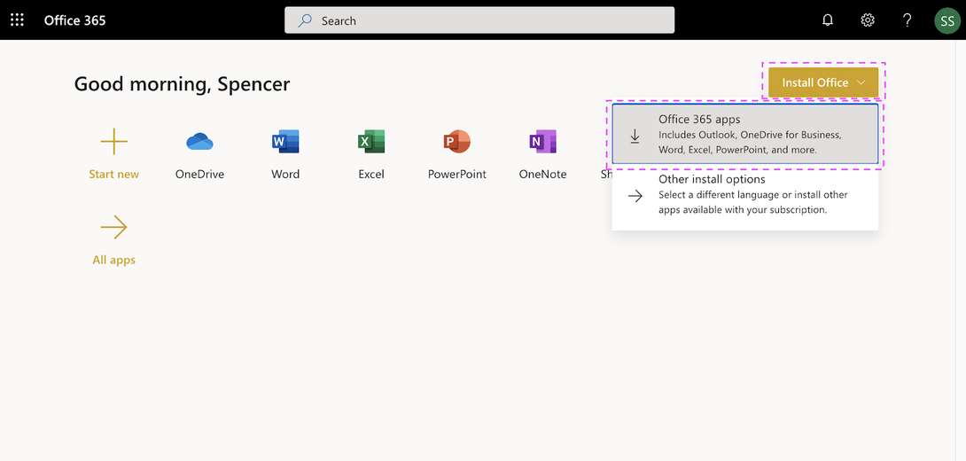 A screenshot of how to do step 1 to install office 365 software