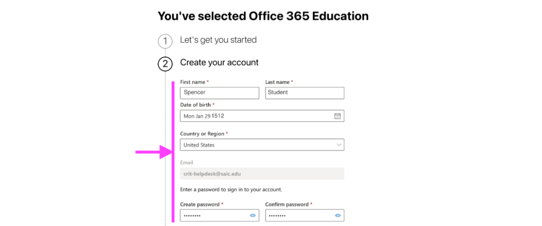 A screenshot of how to do step 5 to create an office 365 account