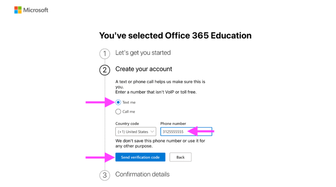 A screenshot of how to do step 3 to start an Office 365 account