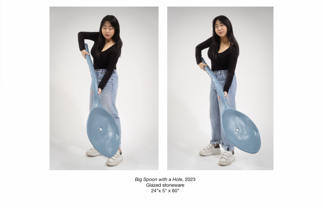 Two photos of Soo Kim wearing a black shirt and jeans, holding a giant blue spoon