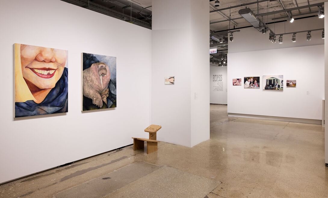 Two square paintings, one of a person's mouth, and one of a walrus, hang in a gallery.